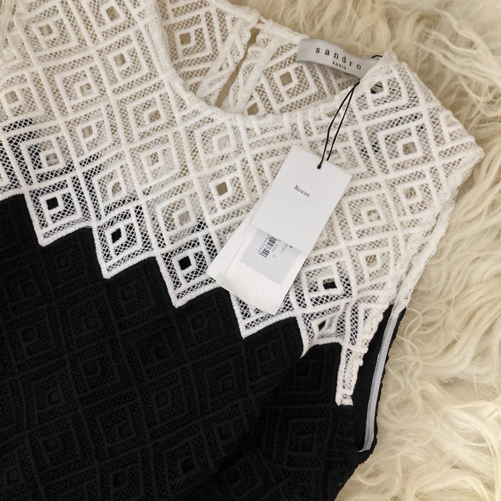 SANDRO Black & White Sleeveless Crochet Fit & Flare Dress - Picture 8 of 15